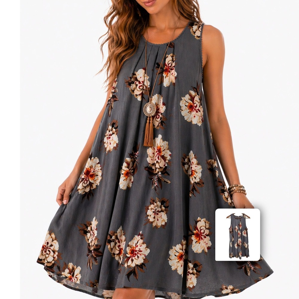 Umgee Floral Pleated Swing Dress Flowy Vacation Boho Cottagecore Summer S